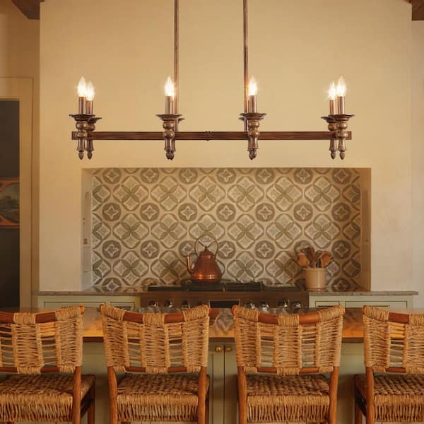 8-Light Brown Vintage Linear Rectangle Chandelier Candle Style Height Adjustable Island Light for dining room