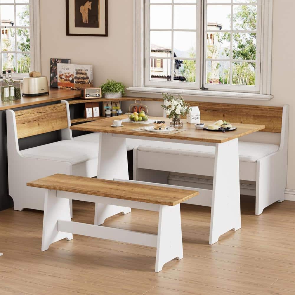 Corner Breakfast Nook Table Set with Cushion, L-Shape Kitchen Dining Table with Bench,Hidden Storage,White & Brown