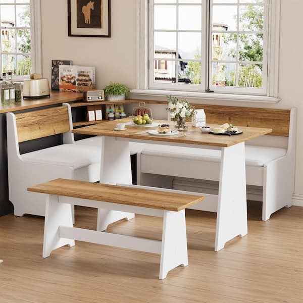 Corner Breakfast Nook Table Set with Cushion, L-Shape Kitchen Dining Table with Bench,Hidden Storage,White & Brown