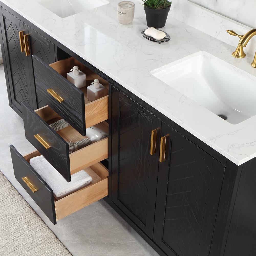 Gazsi 72" Black Oak Double Bathroom Vanity with Composite Stone Countertop