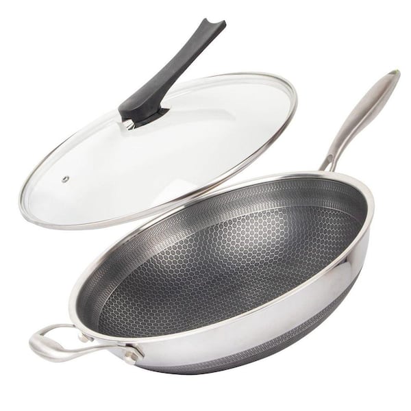 2-PieceSilver Honeycomb Nonstick Stainless Steel Wok Pan with Lid, Stay-Cool Handle, Induction Compatible Set