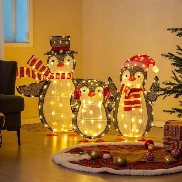 1.8 ft. 2.5 ft. 3 ft. Metal Plug in Lighted Penguin Family with 194 LED Lights Zip Ties andGround Stakes
