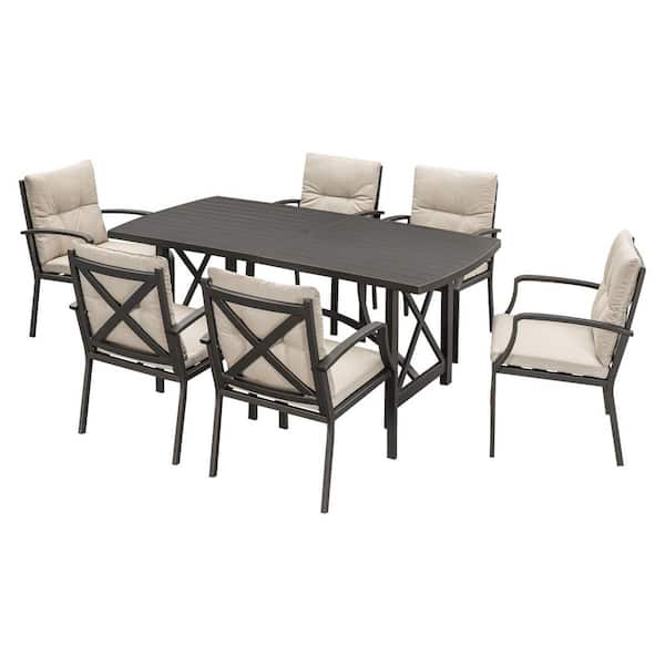 Gunmetal 7-Piece Aluminum Outdoor Dining Set with Rectangular Dining Table and Beige Cushions