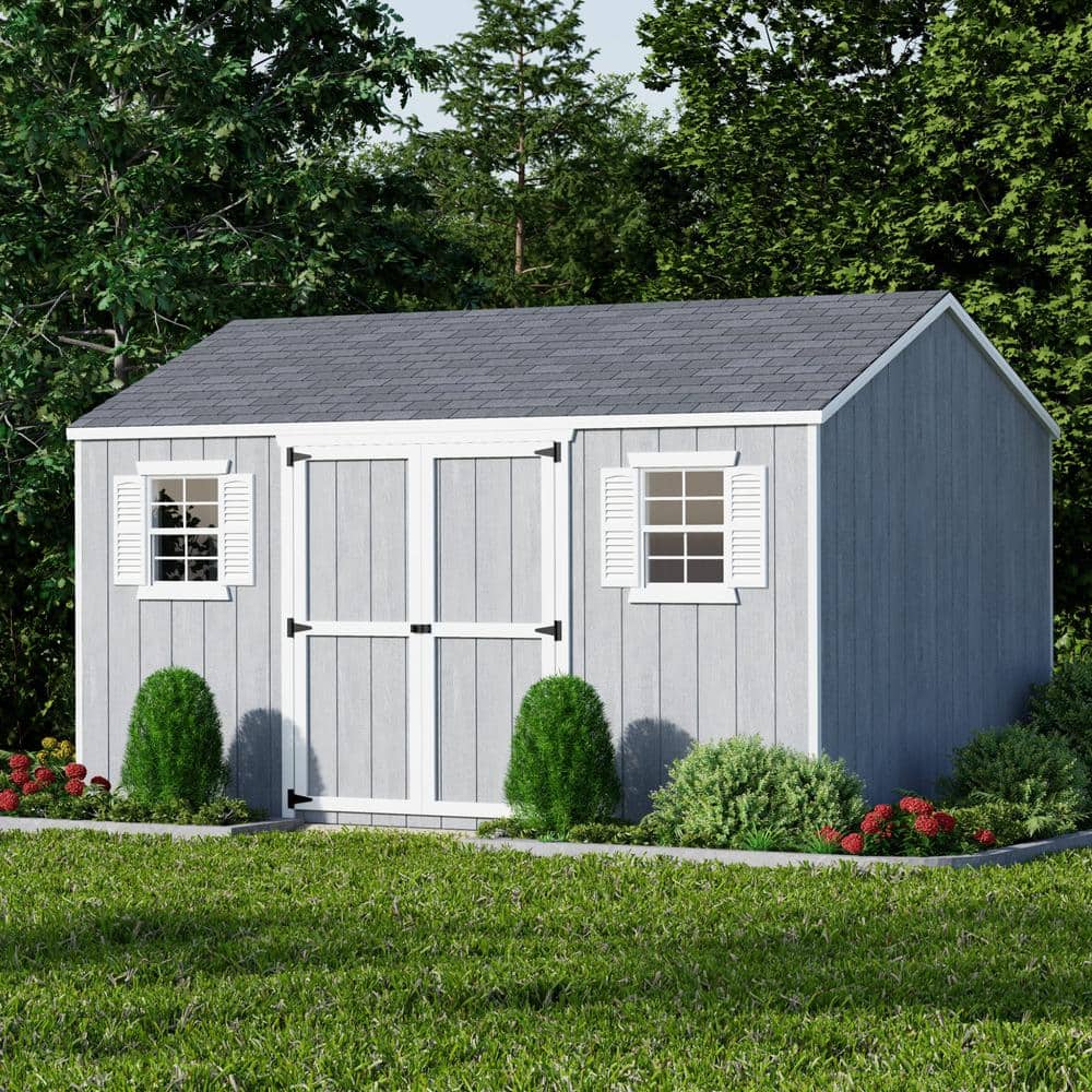10x14 Dark Gray Wood Gable Storage Shed with Windows and Floor