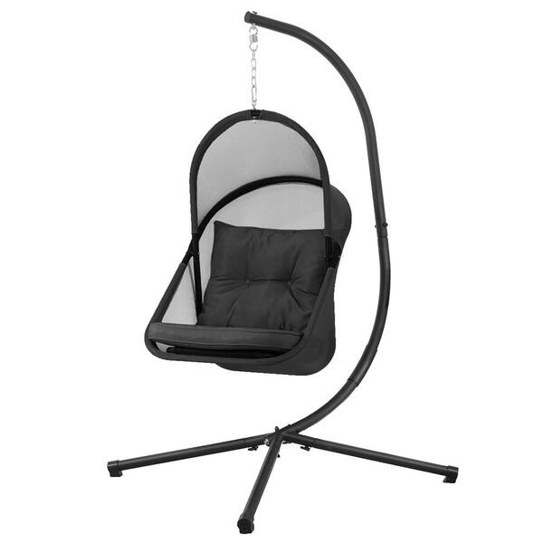 Barton Black Indoor and Outdoor Basket Hanging Chair Egg Cushion with Canopy Leisure Seat Foldable Egg Chair