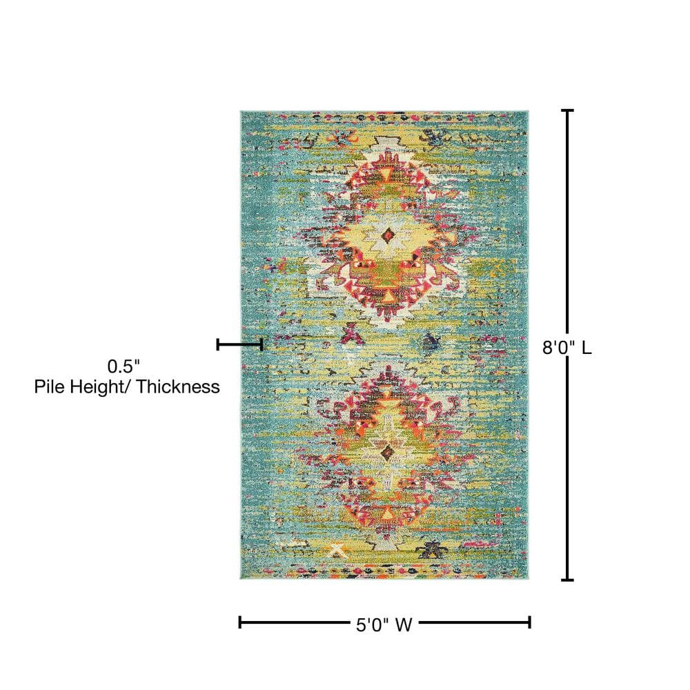 Abstract Blue Synthetic 5' x 8' Easy-Care Rectangular Rug