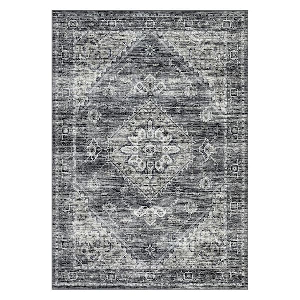 Vintage Printed Rug Distressed Floral Carpet Soft Non-slip Thin Carpet for Living Room Farmhouse Dark Gray，5X7ft