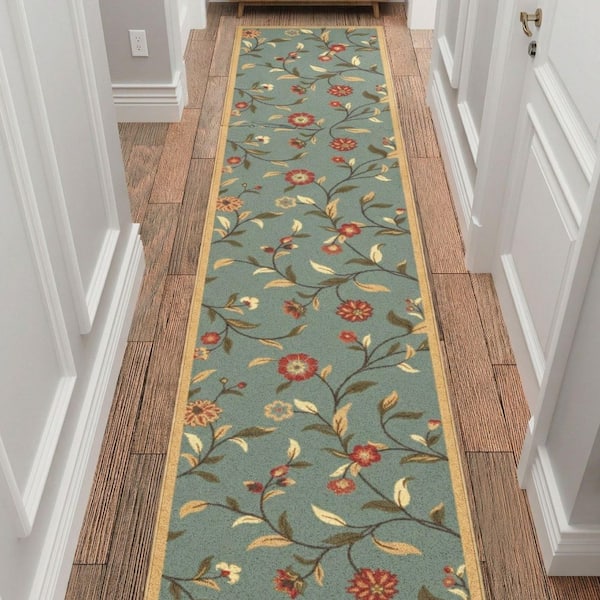 Homeline Non-Slip Rubberback 3 ft. x 5 ft. Floral Indoor Dark Seafoam Green Area Rug