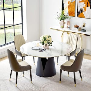 59.05 in. Round Sintered Stone Dining Table with Black Pedestal Metal Base (Seat 8)