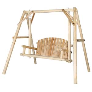 4.4 ft. 2-Person Natural Fir Wood Patio Porch Swing with A-Frame Stand