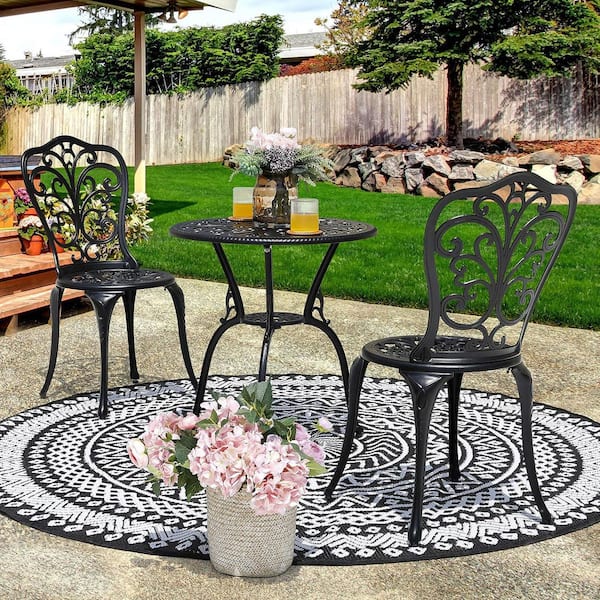 Black 3-Piece Butterfly Backrest Cast Aluminum Outdoor Bistro Set with Umbrella Hole
