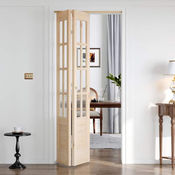 36 in. x 80 in. 3/4 Lite Clear Glass Solid Core Spruce Wood French Brown Bi-Fold Door with Hardware