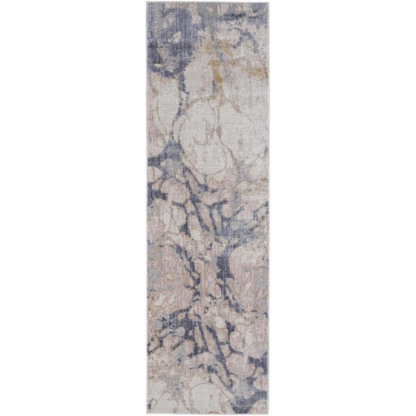 2 X 8 Tan, Blue Abstract Runner Rug