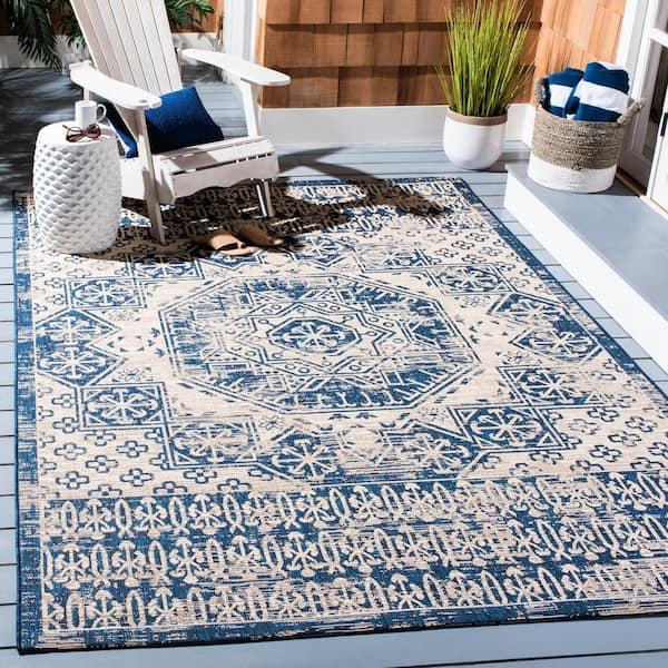 Courtyard Beige/Navy 8 ft. x 11 ft. Aztec Medallion Indoor/Outdoor Area Rug