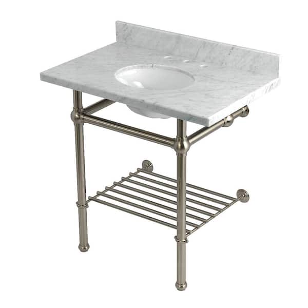 Kingston Brass Templeton 36 in. Marble Console Sink with Brass Legs in Carrara Marble/Brushed Nickel