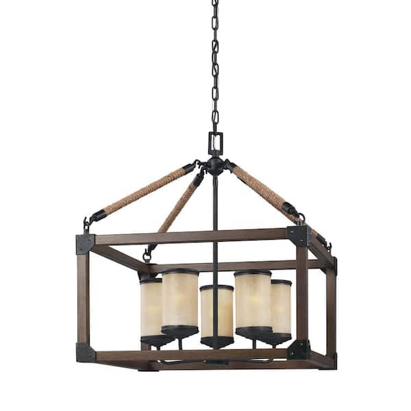 Generation Lighting Dunning 5-Light Weathered Gray and Distressed Oak Rustic Farmhouse Single Tier Hanging Candlestick Chandelier