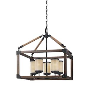 Dunning 5-Light Weathered Gray and Distressed Oak Rustic Farmhouse Single Tier Hanging Candlestick Chandelier