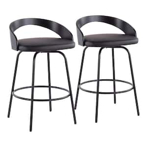 Grotto Claire Swivel 31.5 in. Black Faux Leather & Black Wood Counter Height Bar Stool with Black Metal Base (Set of 2)