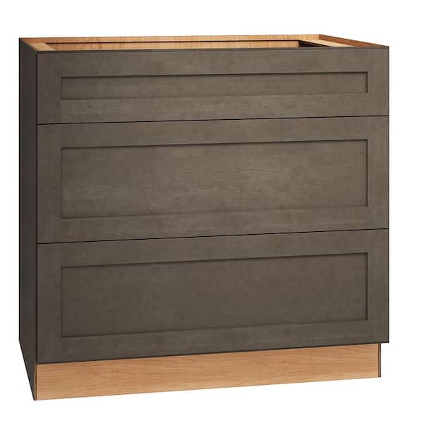QuickShip Cottage 36 in. W x 24 in. D x 34.5 in. H Assembled Plywood Shaker 3-Drawer Base Kitchen Cabinet in Fieldstone