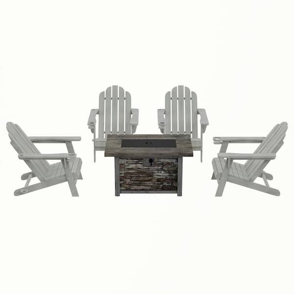 Clihome 5-Piece Set Outdoor Adirondack HDPE Material Plastic White Chair with 43.5 in. Composite Material Patio Fire Pit Table