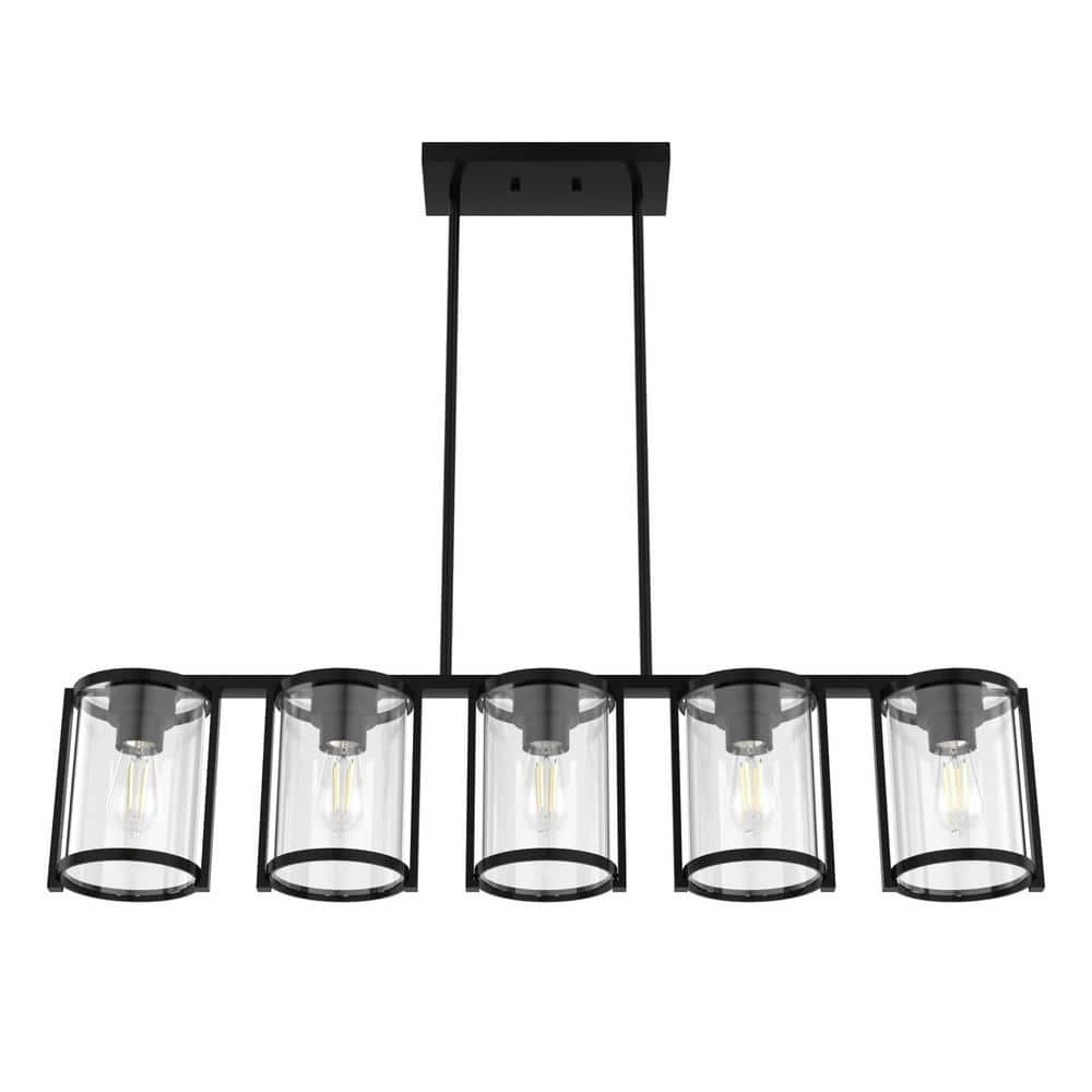 Matte Black Linear Chandelier with Clear Glass Shades