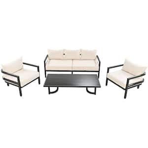4-Piece Metal Patio Conversation Set with Thickened Beige Cushions