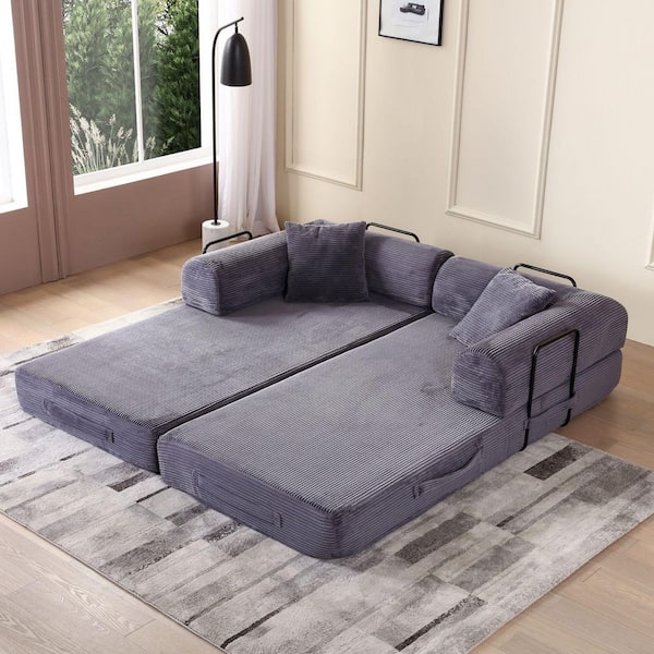 78 in. W 3 Seats Grey Fabric King Sofa Bed with Pillow-Corduroy Folding Mattress for Living Room, Bedroom, Lounge