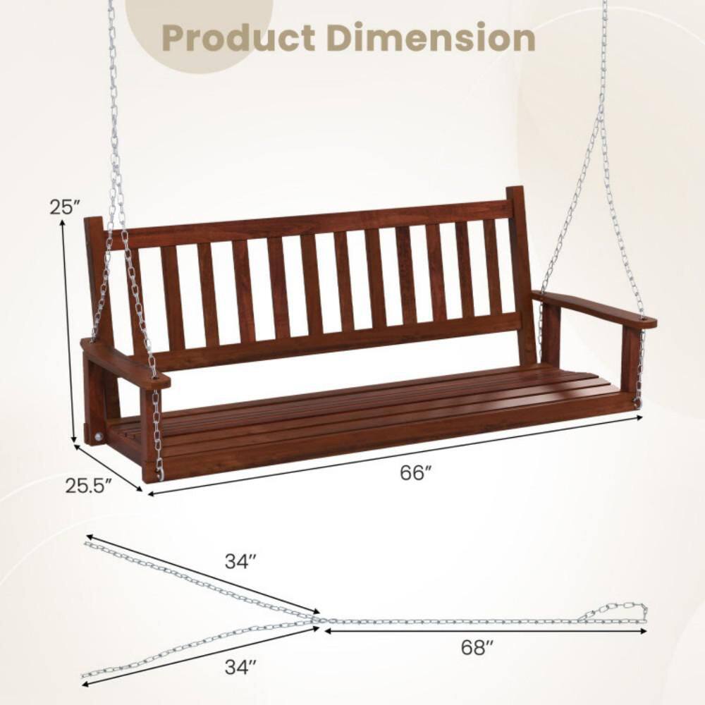 Brown Poplar Wood 3-Person Outdoor Porch Swing with Metal Chains