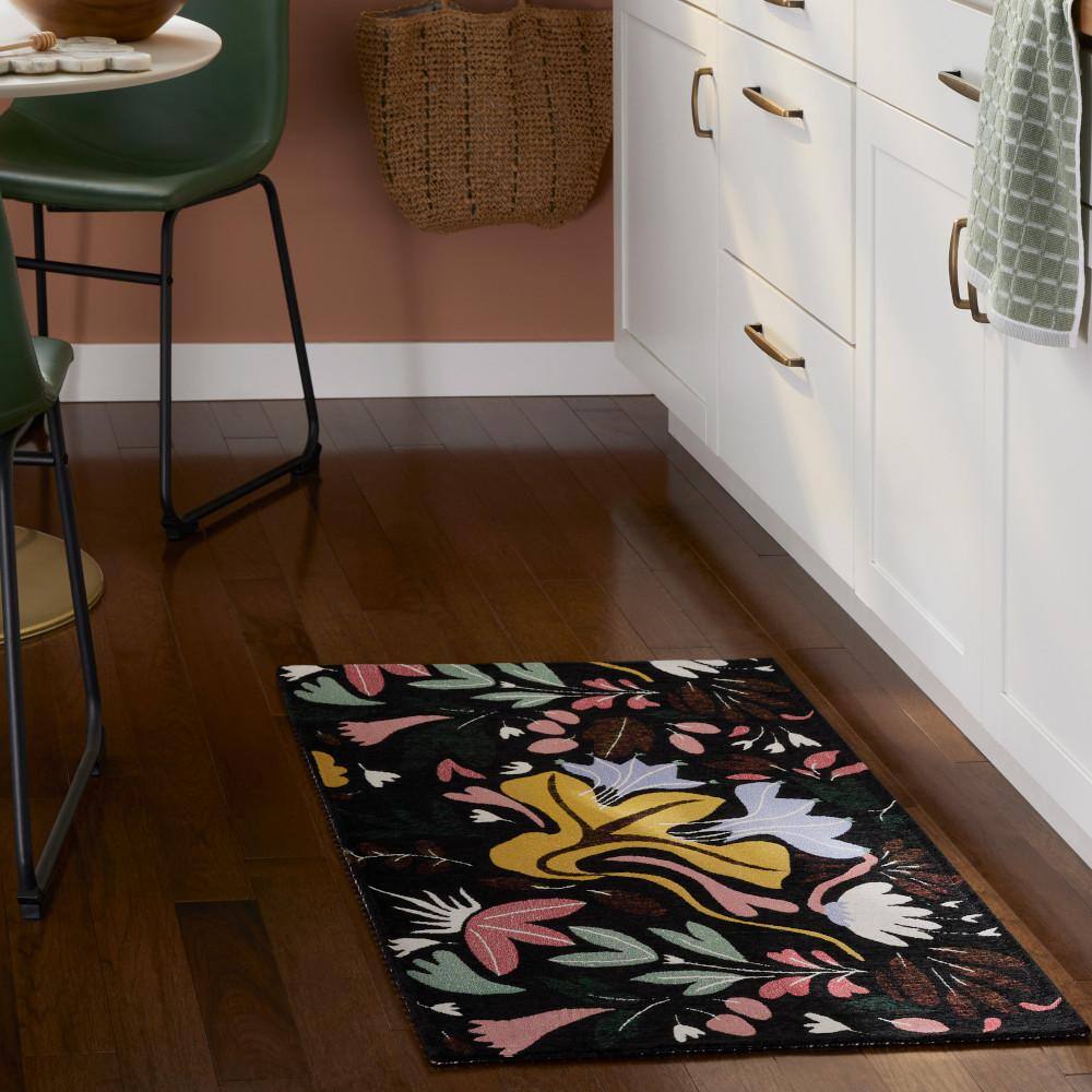 Black Floral Synthetic Washable Non-Slip Rectangular Rug 24" x 40"