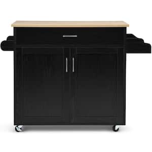 Black Wood Top Small Rolling Kitchen Island Cart with Towel and Spice Rack, Kitchen Island on Wheels