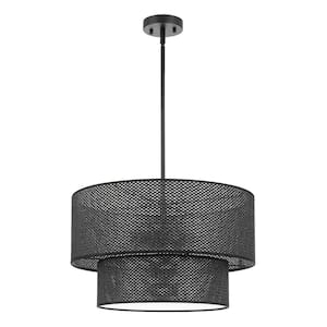 20 in. 4-Light Black Drum Shaded Chandelier with 2-tier Fabric Shade