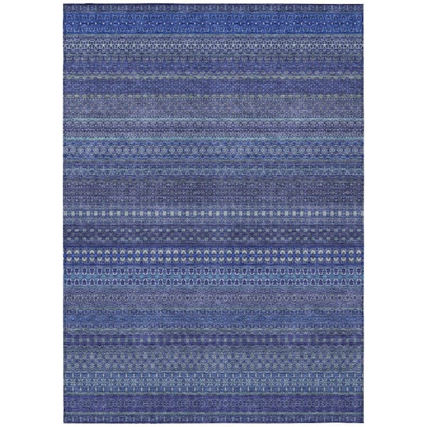 Navy Blue 9 ft. x 12 ft. Woven Striped Polyester Rectangle Indoor/Outdoor Area Rug