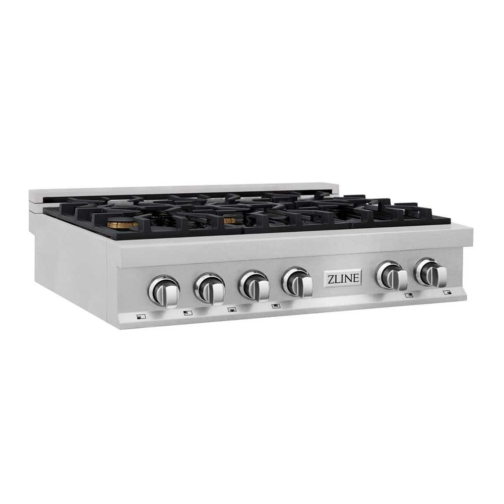 ZLINE Kitchen and Bath 36 in. 6 Burner Front Control Porcelain Gas Cooktop with Brass Burners in Fingerprint Resistant Stainless Steel, DuraSnow Stainless Steel