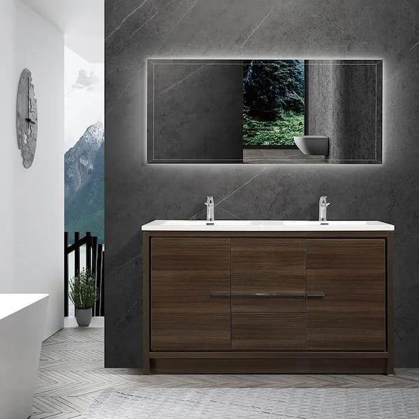 Unbranded 60 in. W x 19 in. D x 34 in. H Freestanding Bathroom Vanity in Grey Oak with White Solid Surface Top and Double Basin