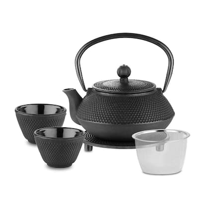 24 oz. Japanese Tetsubin Tea Kettle Cast Iron Teapot with 2-Iron Cups and Trivet Stand Tray