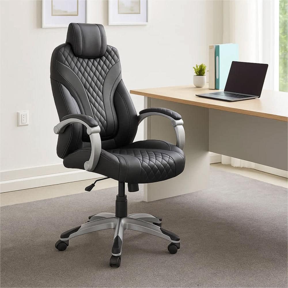 Kelly Vinyl Rolling Office Executive Chair in Black, Gray and Silver with Arms