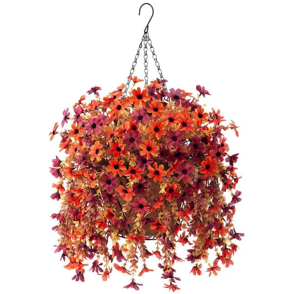 25 in. Orange Brown Artificial Hanging Daisy Flower Basket for Indoor Outdoor Decor