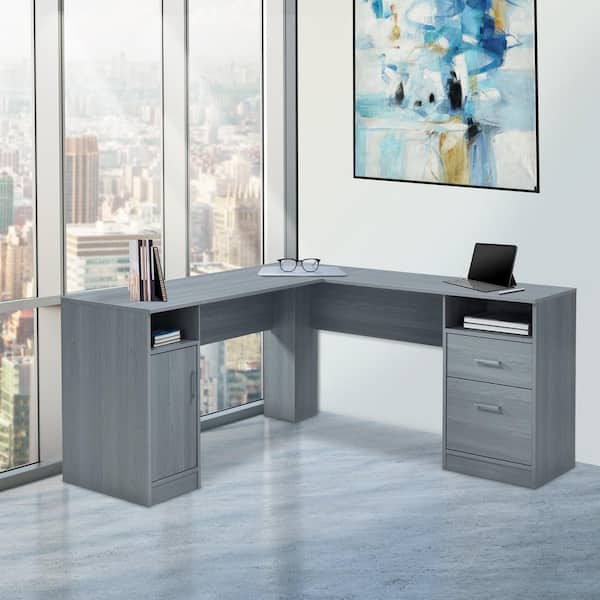 L Shaped Gray 2 Drawer Computer Desk, Custom Desk Home Depot