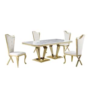 Crownie Cream/Gold Faux Marble Rectangle Dining Set (5-piece)