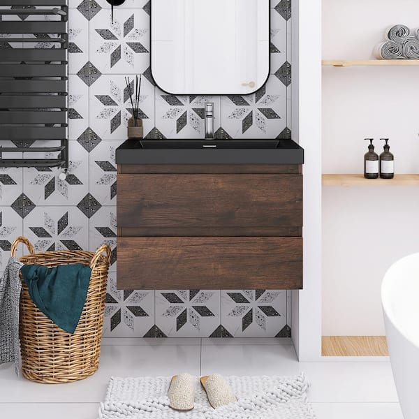 Staykiwi 29.5 in. W x 18.9 in. D x 21.7 in. H Single Sink Wall Mounted Bath Vanity in Rose Wood with Black Cultured Marble Top
