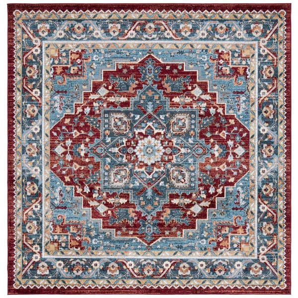 Bayside Blue/Red 7 ft. x 7 ft. Machine Washable Medallion Abstract Square Area Rug