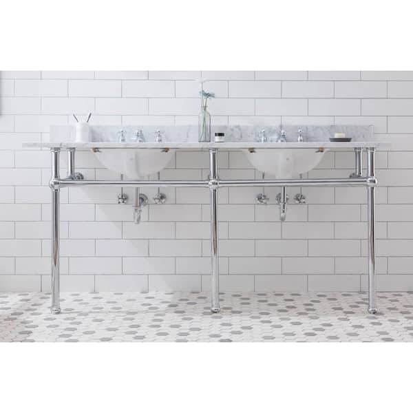 Water Creation Embassy 72 in. Double Sink Carrara White Marble Countertop Washstand in Chrome with P-Trap