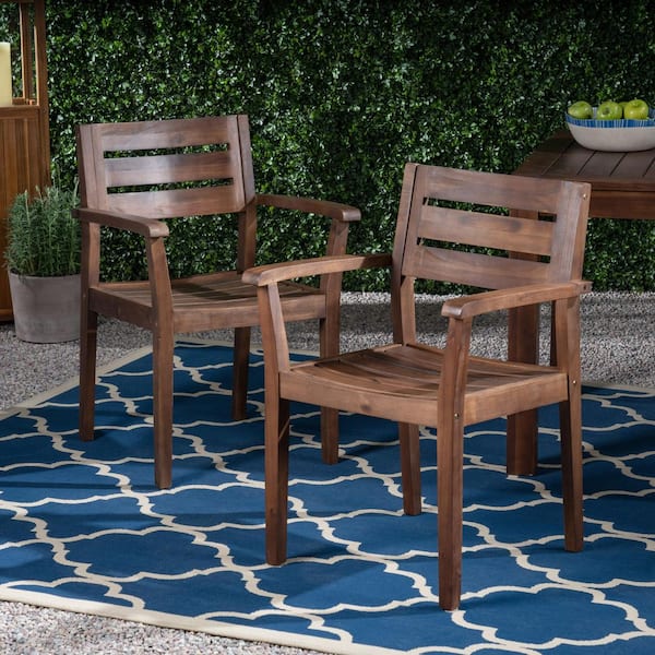 2-Pieces Acacia Wood Outdoor Dining Chairs in Dark Brown for Garden