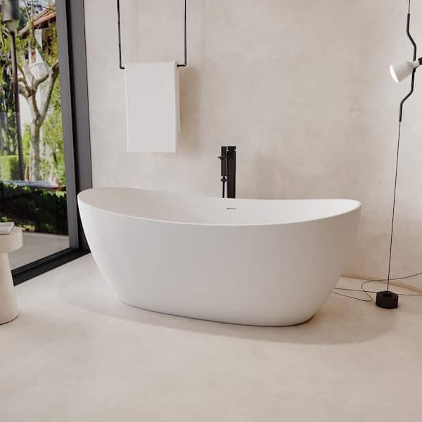 63 in. x 30 in. Freestanding Stone Resin Solid Surface Soaking Bathtub in Matte White, Double Slipper
