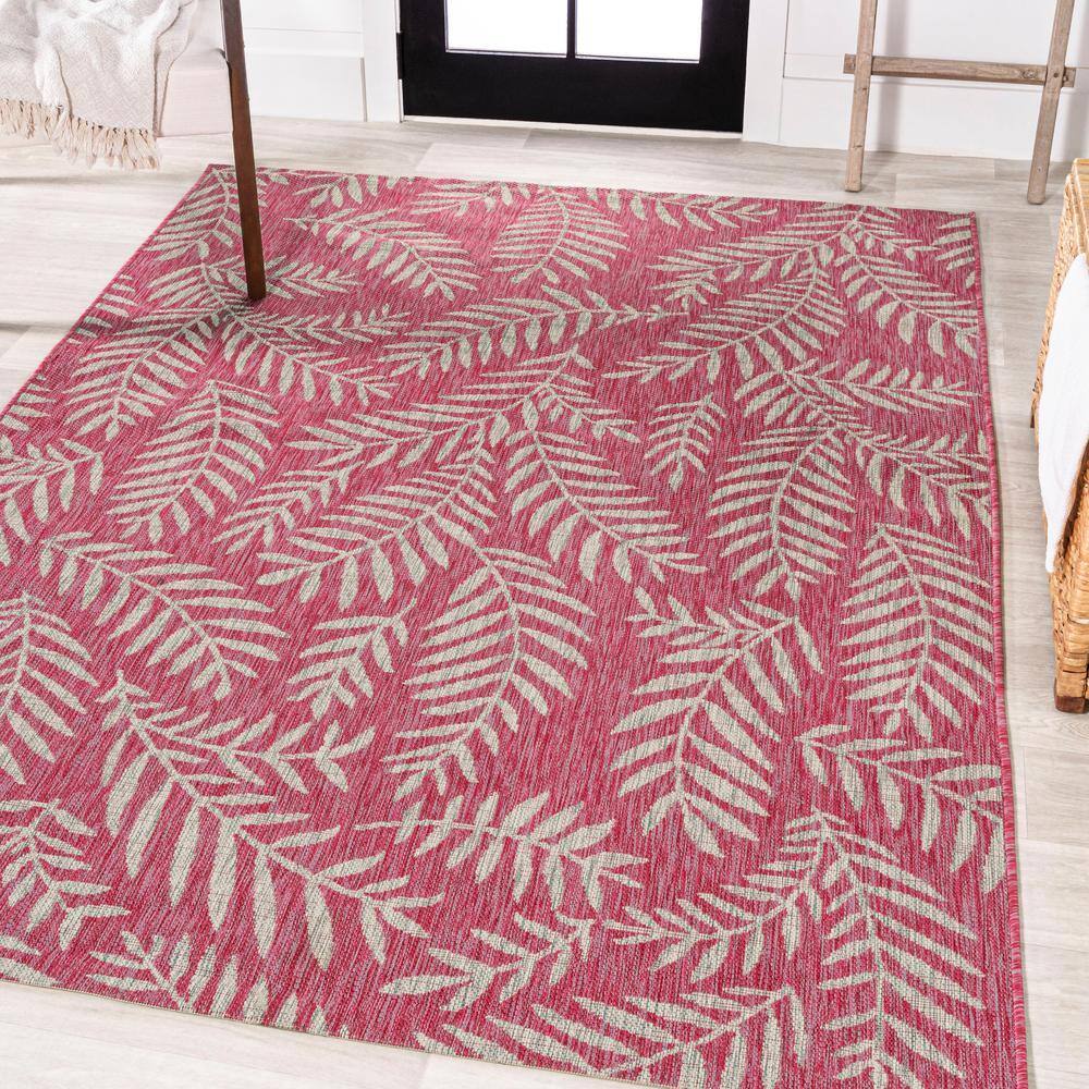 4' x 6' Fuchsia and Light Gray Synthetic Palm Frond Area Rug