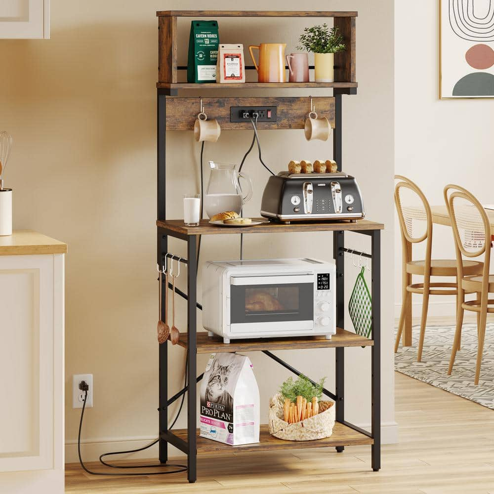 Bestier Rustic Brown 5-Tier Wood 23.6 in. W Baker's Rack with Power ...