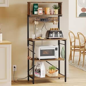Rustic Brown 5-Tier Wood 23.6 in. W Baker's Rack with Power Outlet and Hooks