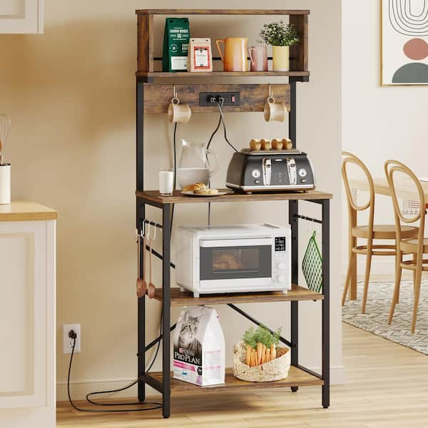 Bestier Rustic Brown 5-Tier Wood 23.6 in. W Baker's Rack with Power Outlet and Hooks