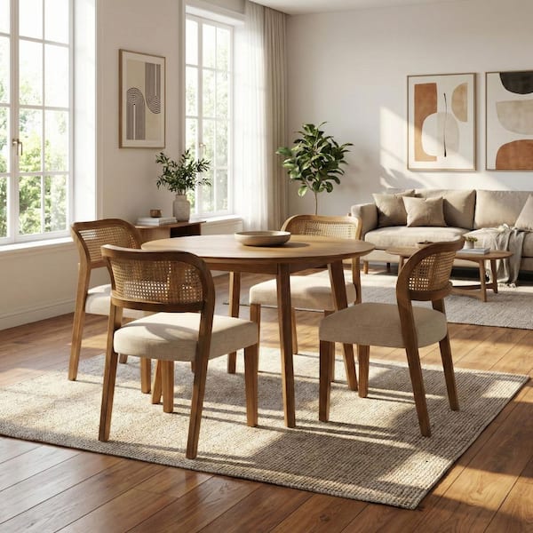 Egan Beige, Walnut Fabric Upholstered Dining Chairs Rattan Back, Set of 4
