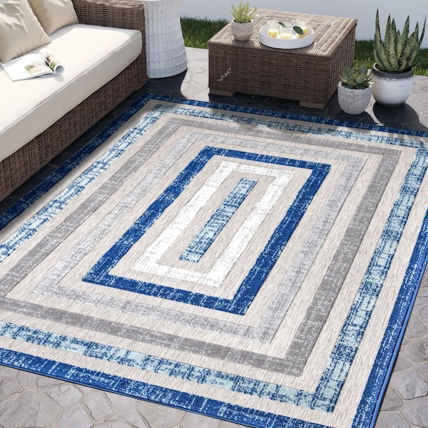 Hampton HAM240A Blue Grey Multi Rectangle 5 ft. 3 in. x 7 ft. 6 in. Indoor/Outdoor Area Rug